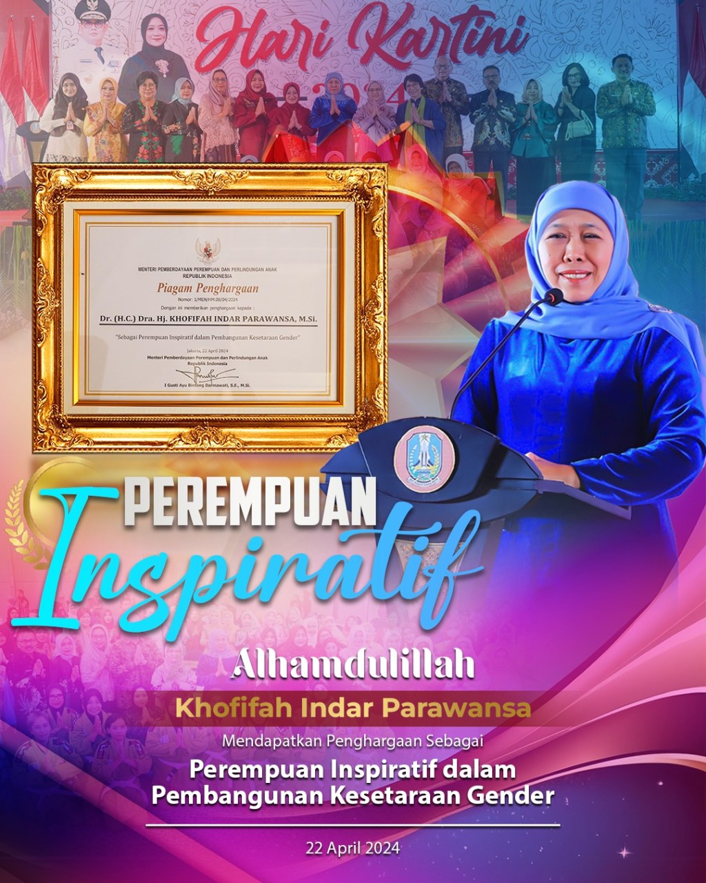 Terima Penghargaan Perempuan Inspiratif dari Menteri PPPA, Khofifah Ajak Perempuan Jadi Juru Damai