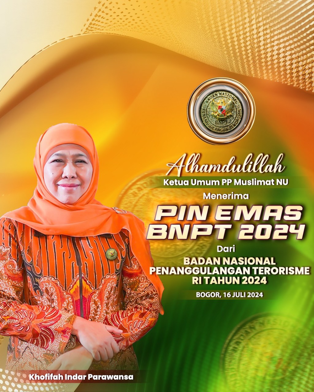 Terima Pin Emas BNPT 2024, Khofifah Ajak Masyarakat Berperan Aktif Cegah dan Perangi Paham Radikal dan&nbsp;Terorisme