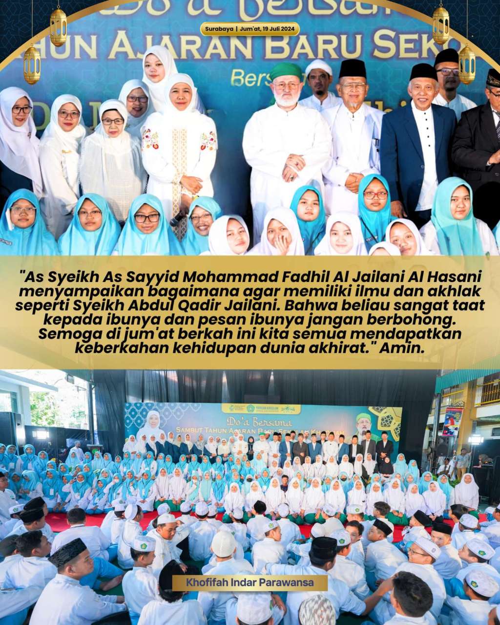 Khofifah Indar Parawansa Ajak Syeikh Fadhil Al Jailani Bagikan Kunci Sukses Menuntut Ilmu pada Siswa&nbsp;Khadijah