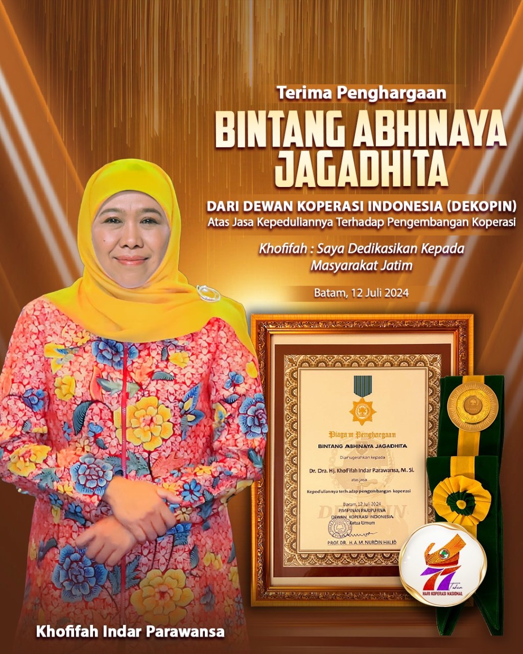 Terima Penghargaan Bintang Abhinaya Jagadhita di Bidang Koperasi, Khofifah: Saya Dedikasikan Kepada Masyarakat&nbsp;Jatim