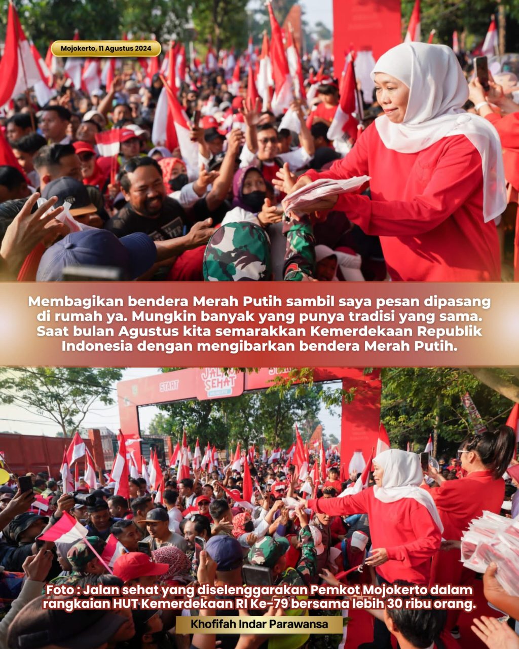 Khofifah Bagikan Bendera di Jalan Sehat Kota Mojokerto, Lebih 30 Ribu Peserta Sambut HUT Kemerdekaan RI&nbsp;ke-79