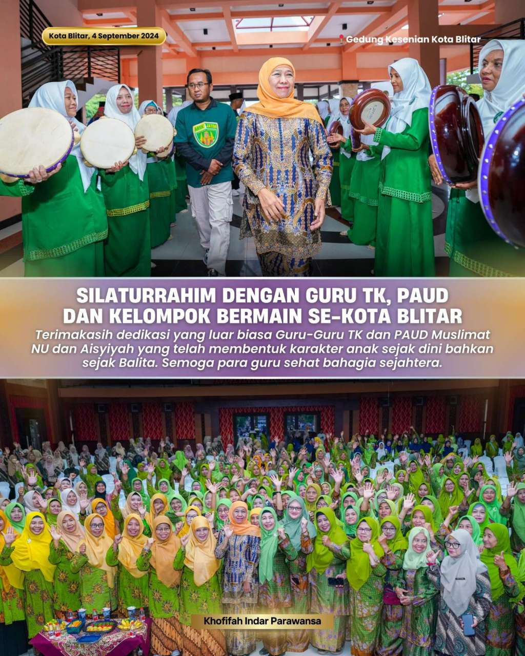 Silaturahmi Bersama Guru TK/ PAUD Muslimat dan Aisyiyah Se-Kota Blitar, Khofifah : Membentuk Karakter Unggul Generasi&nbsp;Bangsa